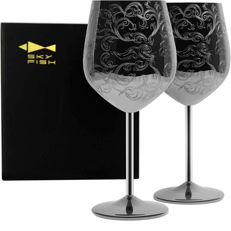 Skyfish Sky Fish Stainless Steel Wine Glasses With Black Plated,etched with intricate and authentic baroque engravings,Royal style wine goblets,Set of 2(17oz) - Image 1